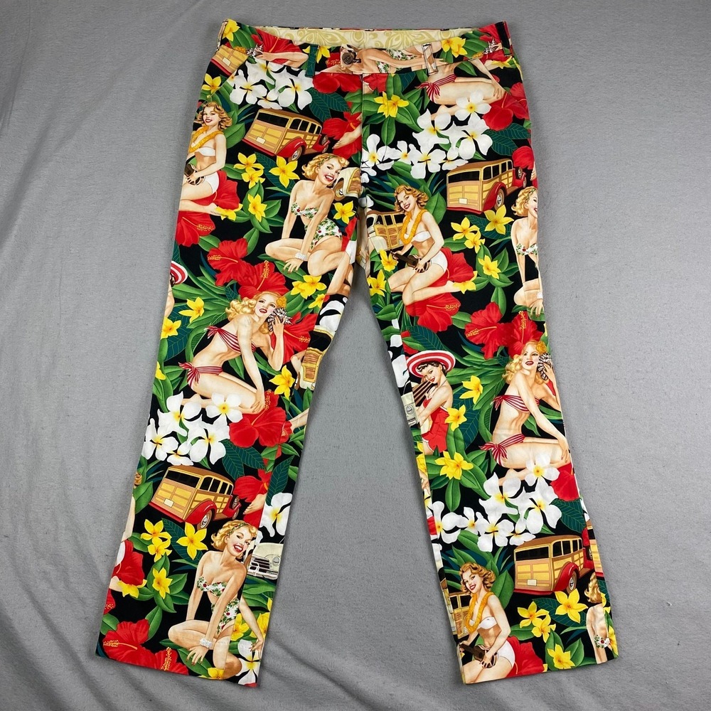 Loudmouth Golf Pants Mens 36 Hawaiian Pinup Girl Floral Classic Cars 36x29